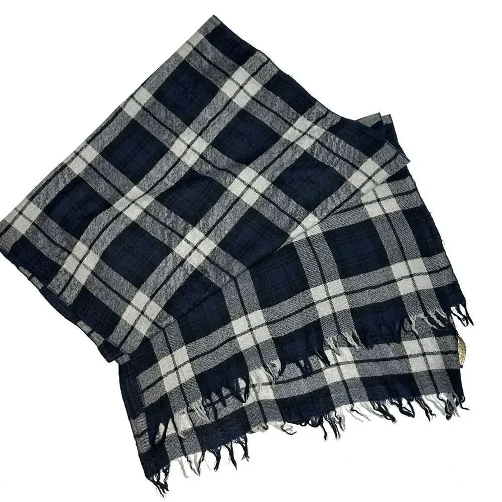 Amicale Wool Large Oblong Scarf Plaid Gray Black Lightweight Men's Women's